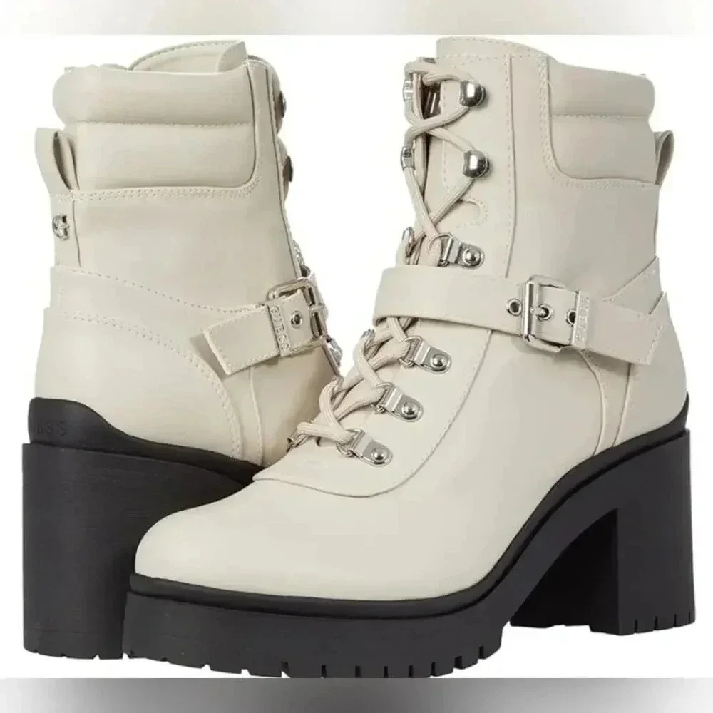 Women's White Canaly Lug Sole Block Heel Combat Boots Size 6